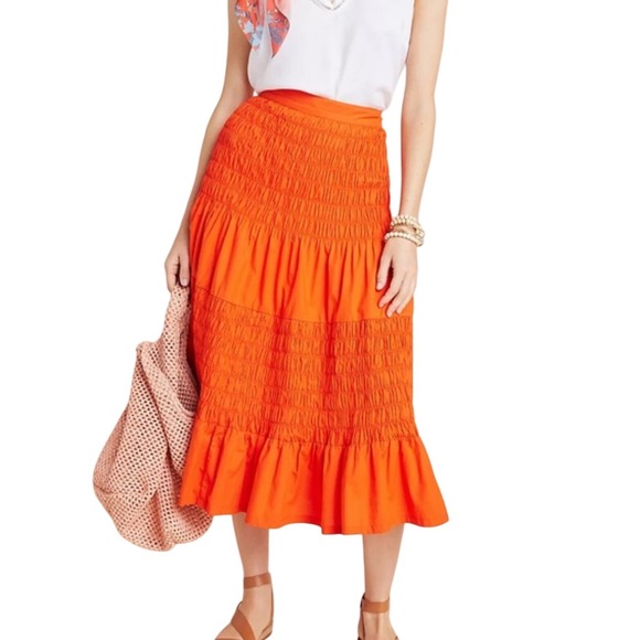 Anthropologie under the sun smocked ruffled tiered orange Boho skirt Size 8